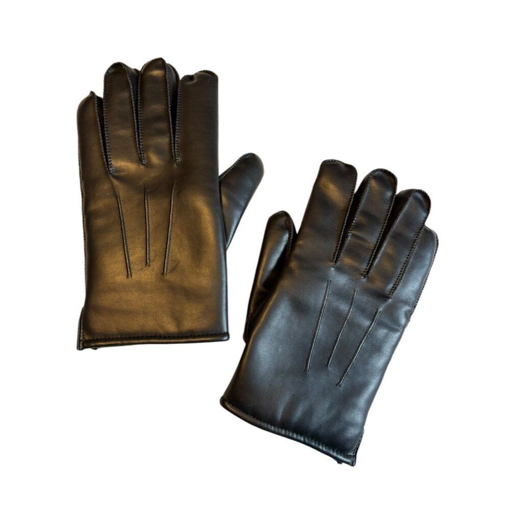Mens Black faux Leather Winter Gloves Warm Lined Size M